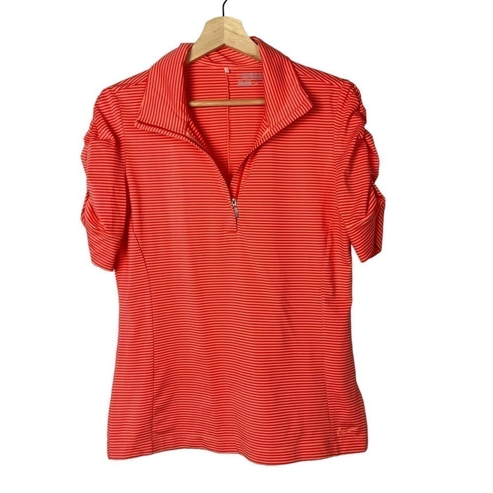 Nike Golf Neon Orange Stripe Ruched Short Sleeve 1/4 Zip Pullover M